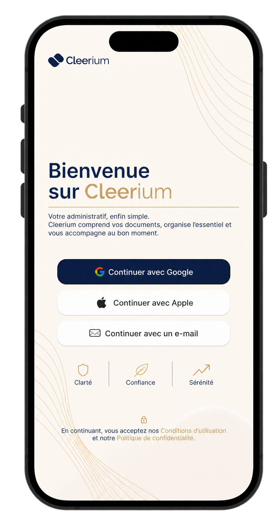 Écran de bienvenue de l’application Cleerium, avec les modes de connexion.